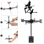 Witch with black cat metal weather vane with directional arrows and mounting rod, outdoor roof and garden decoration