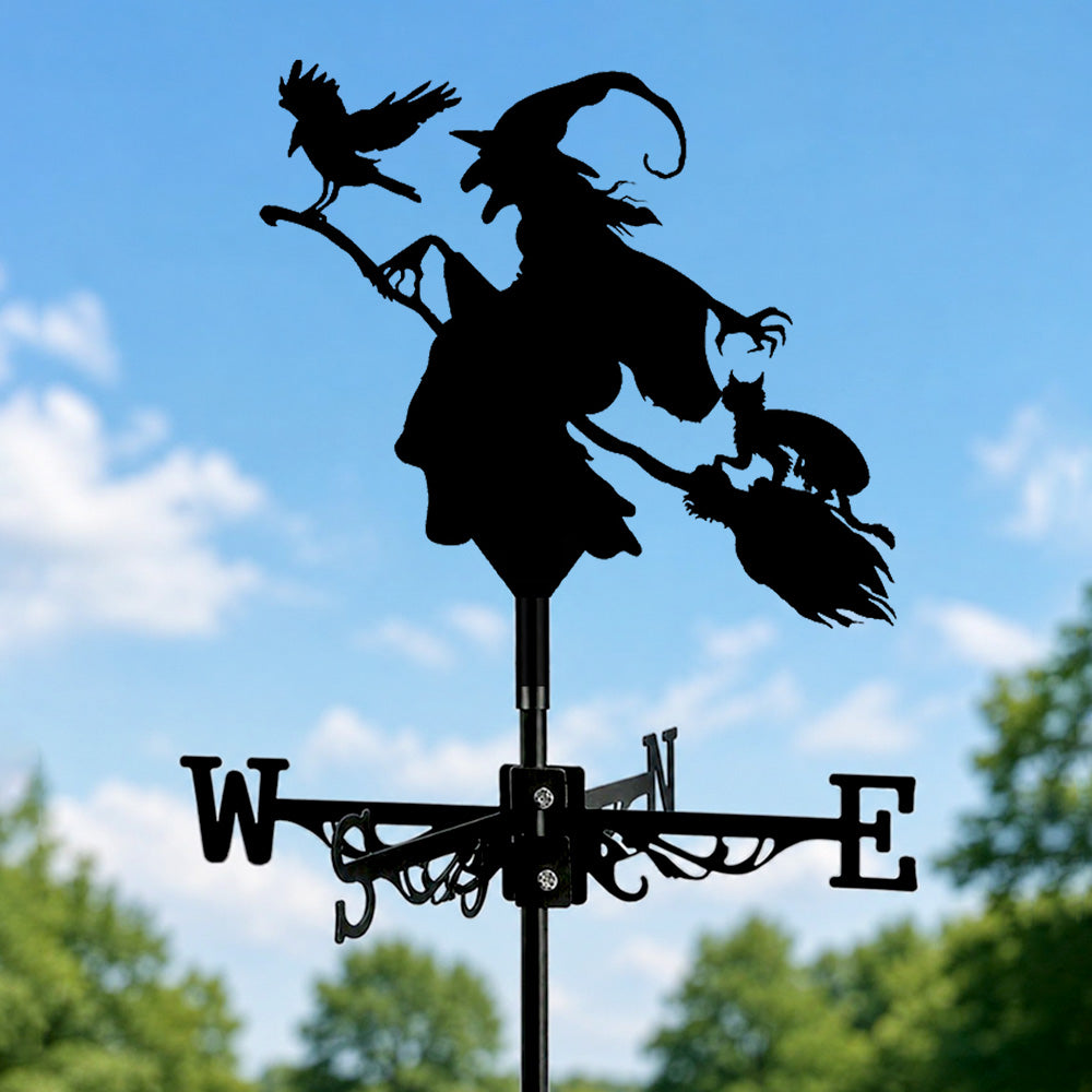 Witch with crow metal weather vane with directional arrows and mounting rod, outdoor roof and garden decoration
