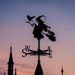 Witch with crow metal weather vane with directional arrows and mounting rod, outdoor roof and garden decoration