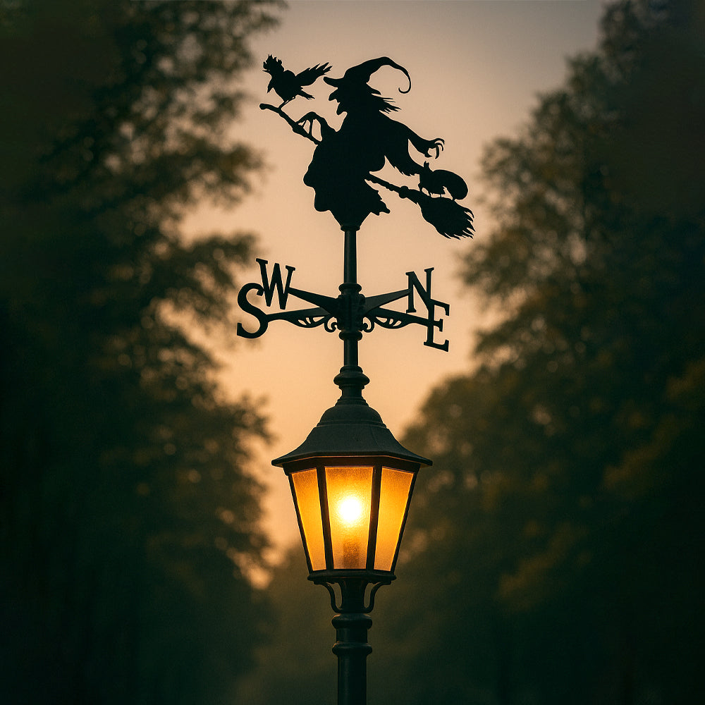 Witch with crow metal weather vane with directional arrows and mounting rod, outdoor roof and garden decoration