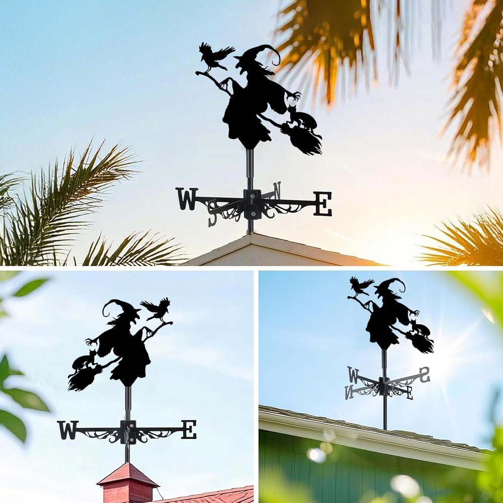 Witch with crow metal weather vane with directional arrows and mounting rod, outdoor roof and garden decoration