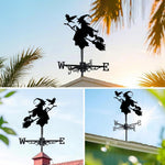 Witch with crow metal weather vane with directional arrows and mounting rod, outdoor roof and garden decoration