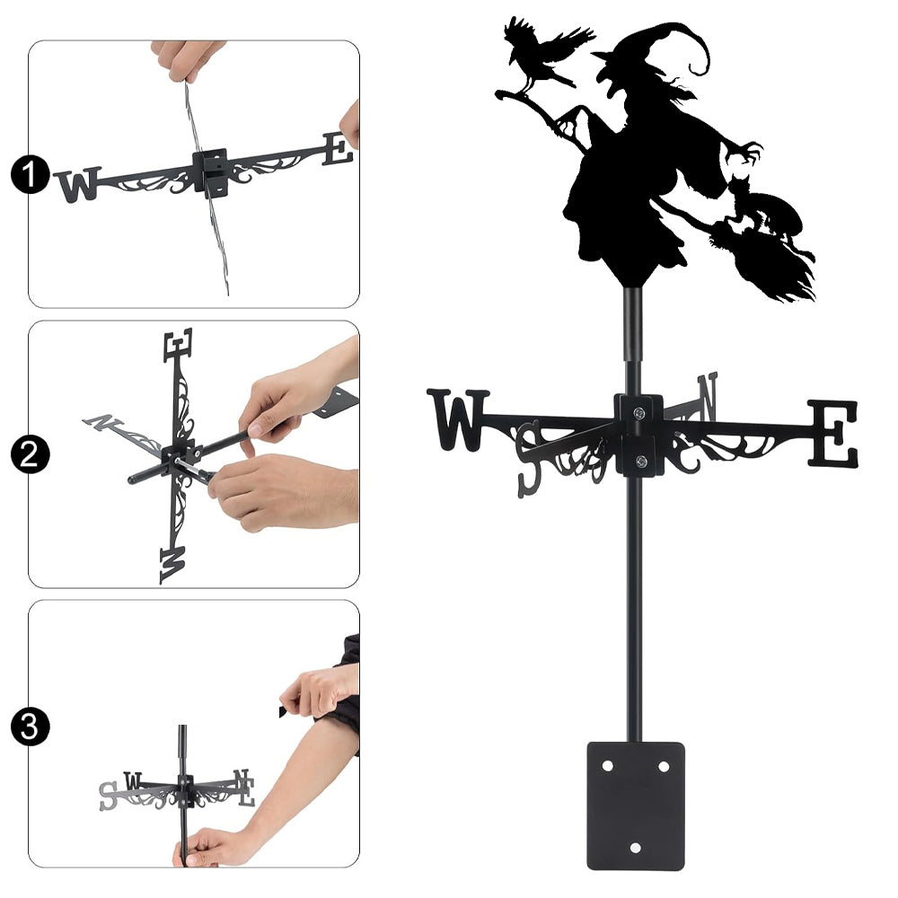 Witch with crow metal weather vane with directional arrows and mounting rod, outdoor roof and garden decoration
