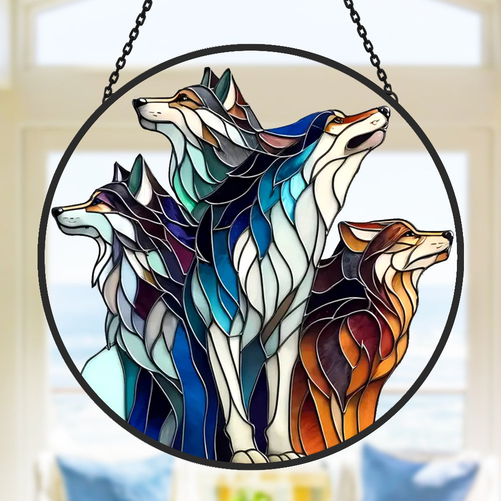 Wolf Pack stained glass suncatcher window hanging, suitable for home and garden decoration