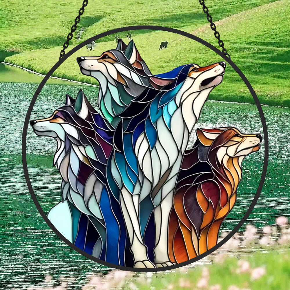 Wolf Pack stained glass suncatcher window hanging, suitable for home and garden decoration