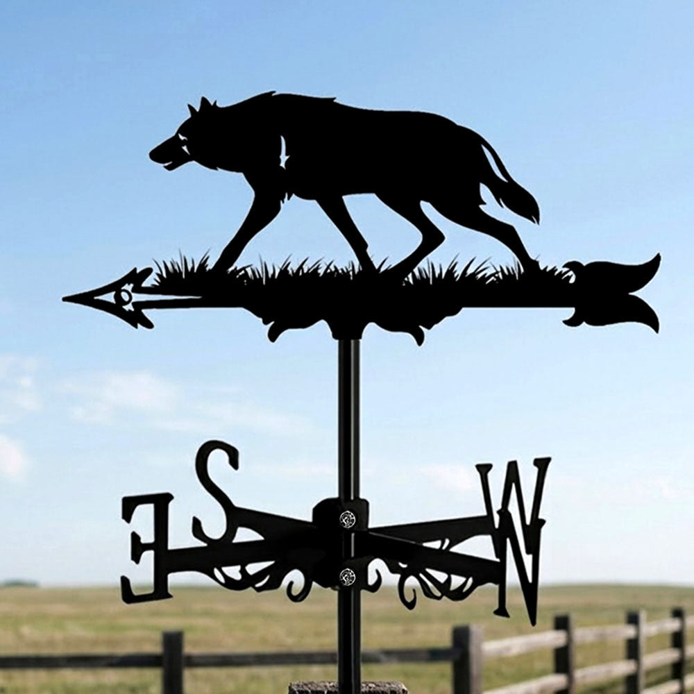 Wolf metal weather vane with directional arrows and mounting rod, outdoor roof and garden decoration