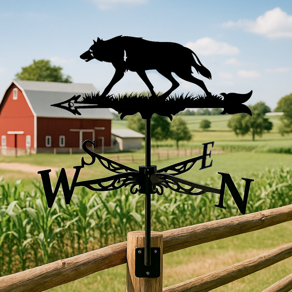 Wolf metal weather vane with directional arrows and mounting rod, outdoor roof and garden decoration