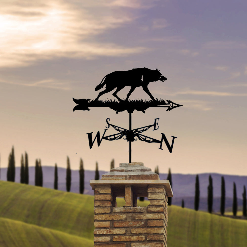 Wolf metal weather vane with directional arrows and mounting rod, outdoor roof and garden decoration