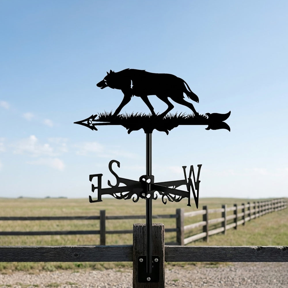 Wolf metal weather vane with directional arrows and mounting rod, outdoor roof and garden decoration