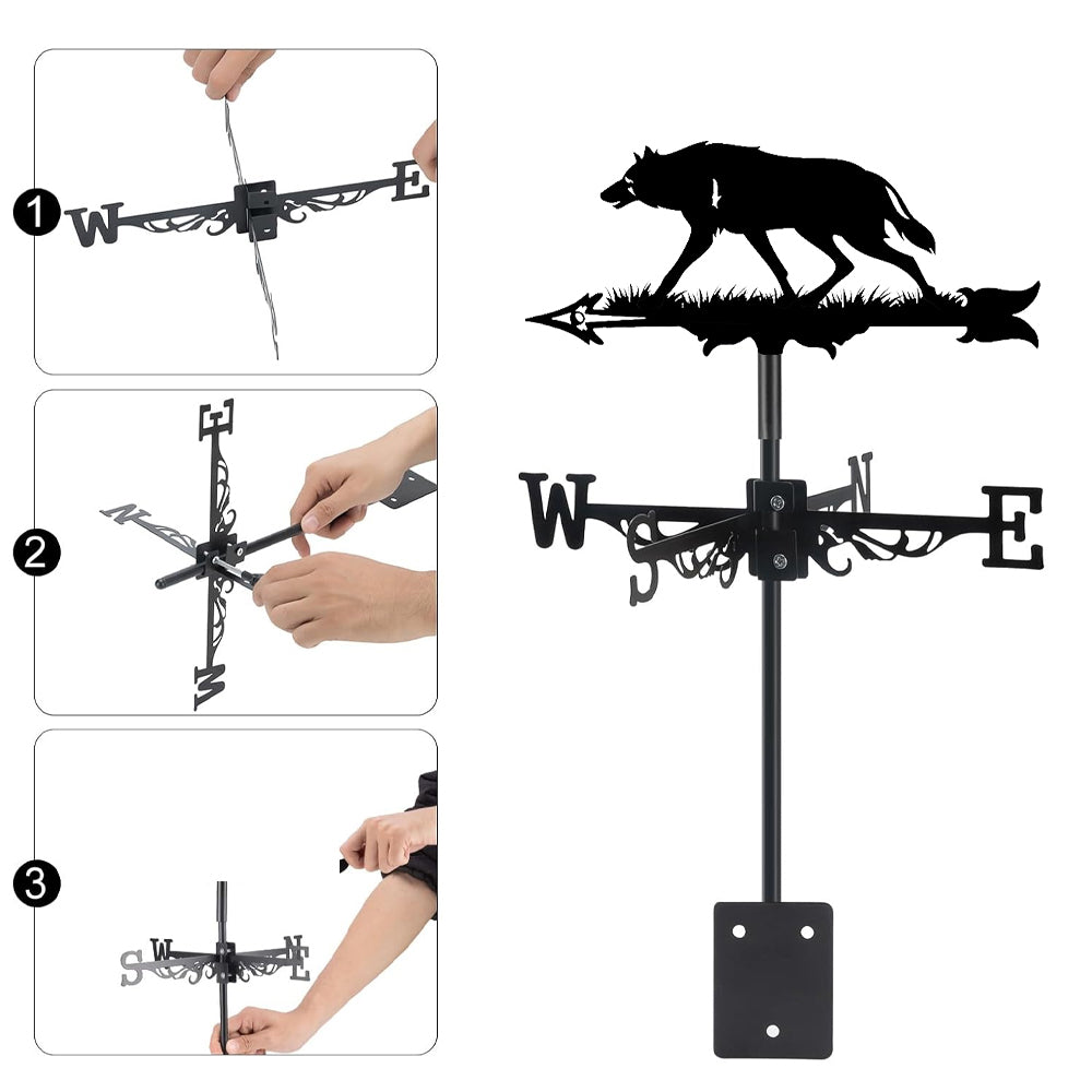 Wolf metal weather vane with directional arrows and mounting rod, outdoor roof and garden decoration