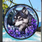 Wolf with purple flowers stained glass suncatcher window hanging, suitable for home and garden decoration
