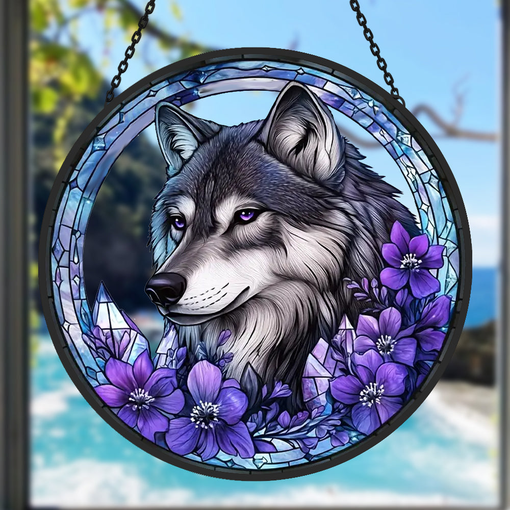 Wolf with purple flowers stained glass suncatcher window hanging, suitable for home and garden decoration