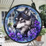 Wolf with purple flowers stained glass suncatcher window hanging, suitable for home and garden decoration