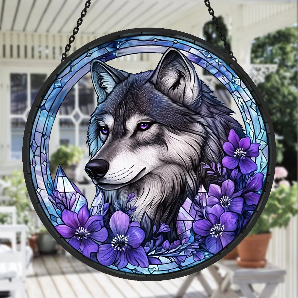 Wolf with purple flowers stained glass suncatcher window hanging, suitable for home and garden decoration