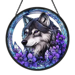 Wolf with purple flowers stained glass suncatcher window hanging, suitable for home and garden decoration