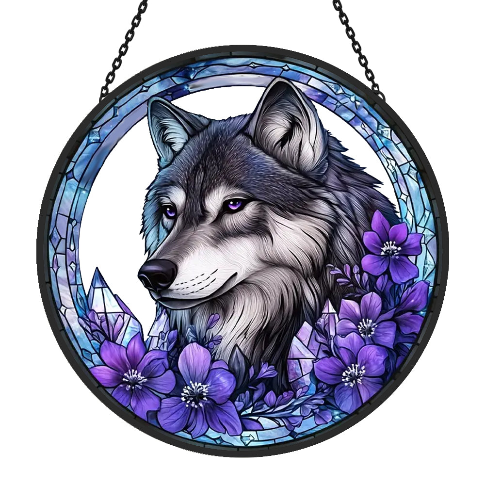 Wolf with purple flowers stained glass suncatcher window hanging, suitable for home and garden decoration