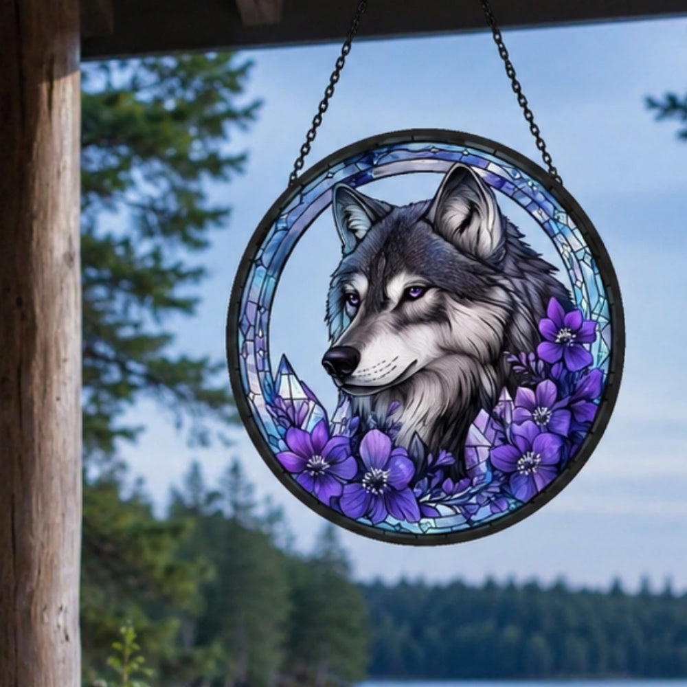 Wolf with purple flowers stained glass suncatcher window hanging, suitable for home and garden decoration