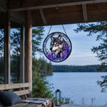 Wolf with purple flowers stained glass suncatcher window hanging, suitable for home and garden decoration