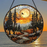 Woodland moon flying bird stained glass suncatcher window hanging, suitable for home and garden decoration
