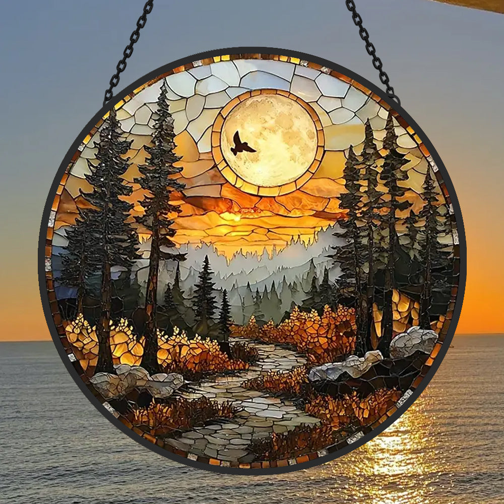 Woodland moon flying bird stained glass suncatcher window hanging, suitable for home and garden decoration