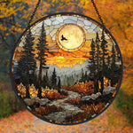 Woodland moon flying bird stained glass suncatcher window hanging, suitable for home and garden decoration