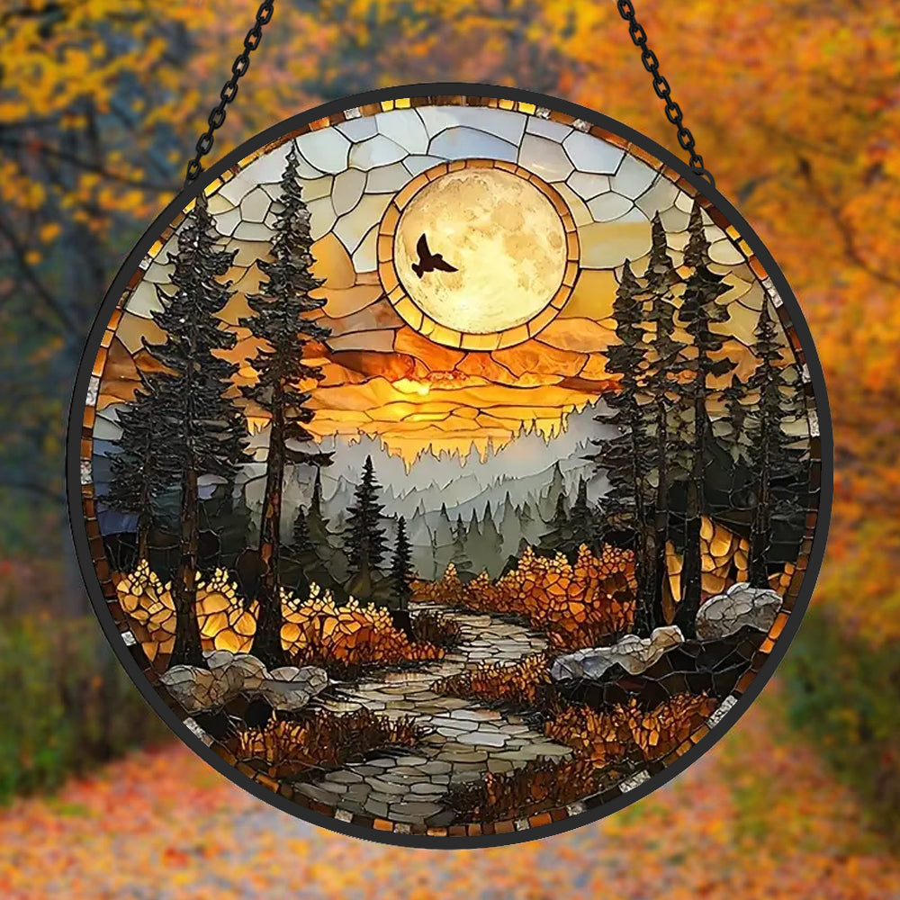 Woodland moon flying bird stained glass suncatcher window hanging, suitable for home and garden decoration