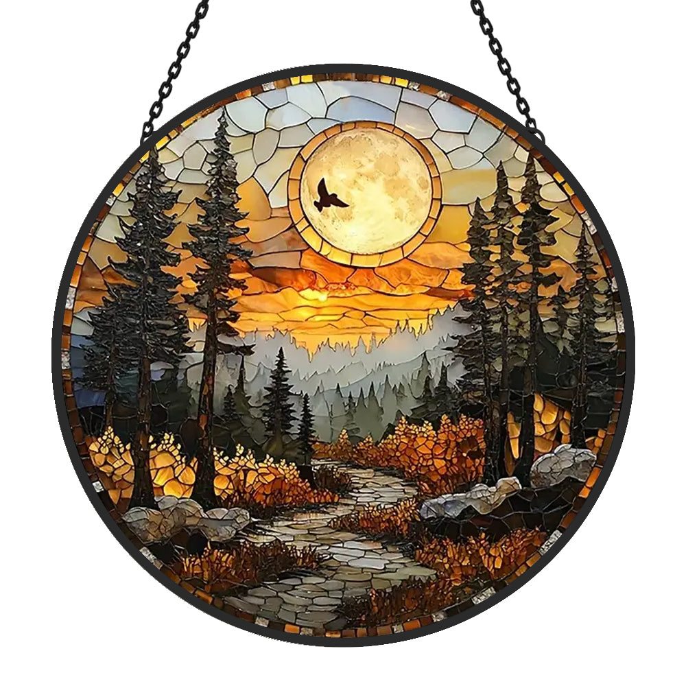 Woodland moon flying bird stained glass suncatcher window hanging, suitable for home and garden decoration