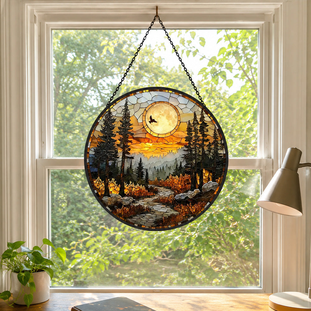 Woodland moon flying bird stained glass suncatcher window hanging, suitable for home and garden decoration