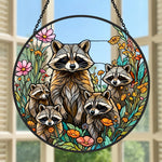 Woodland raccoon family stained glass suncatcher window hanging, suitable for home and garden decoration