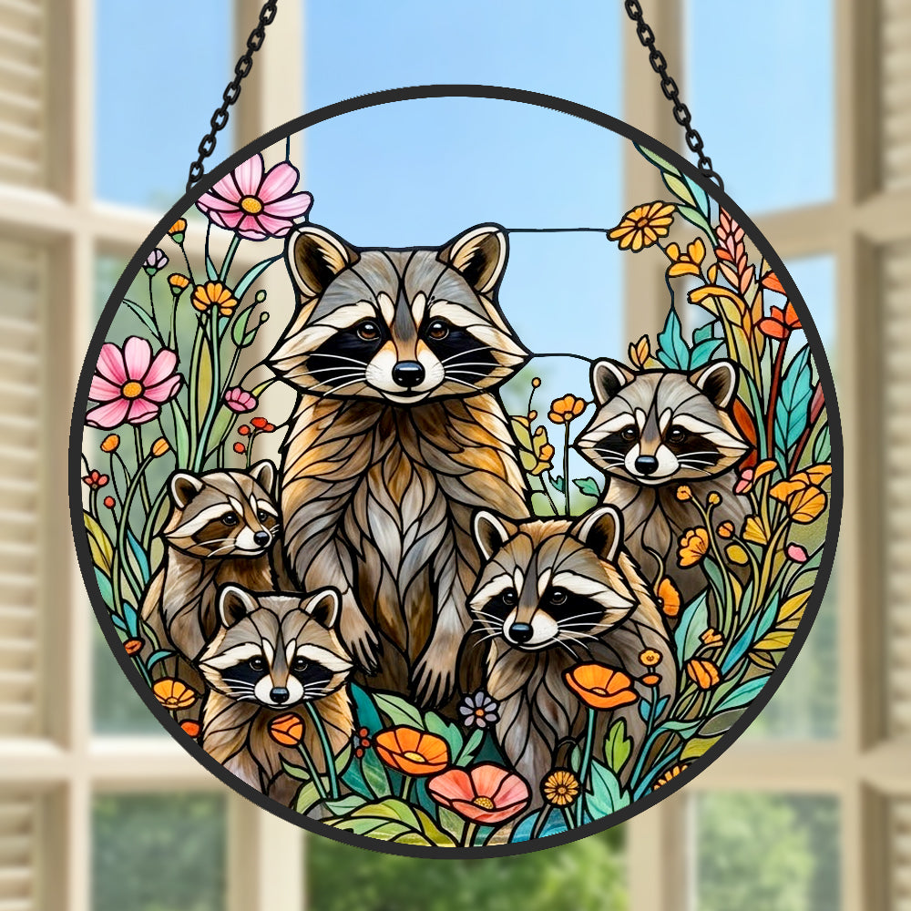 Woodland raccoon family stained glass suncatcher window hanging, suitable for home and garden decoration
