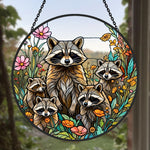 Woodland raccoon family stained glass suncatcher window hanging, suitable for home and garden decoration