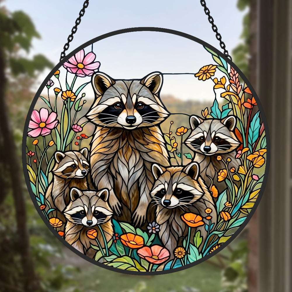 Woodland raccoon family stained glass suncatcher window hanging, suitable for home and garden decoration