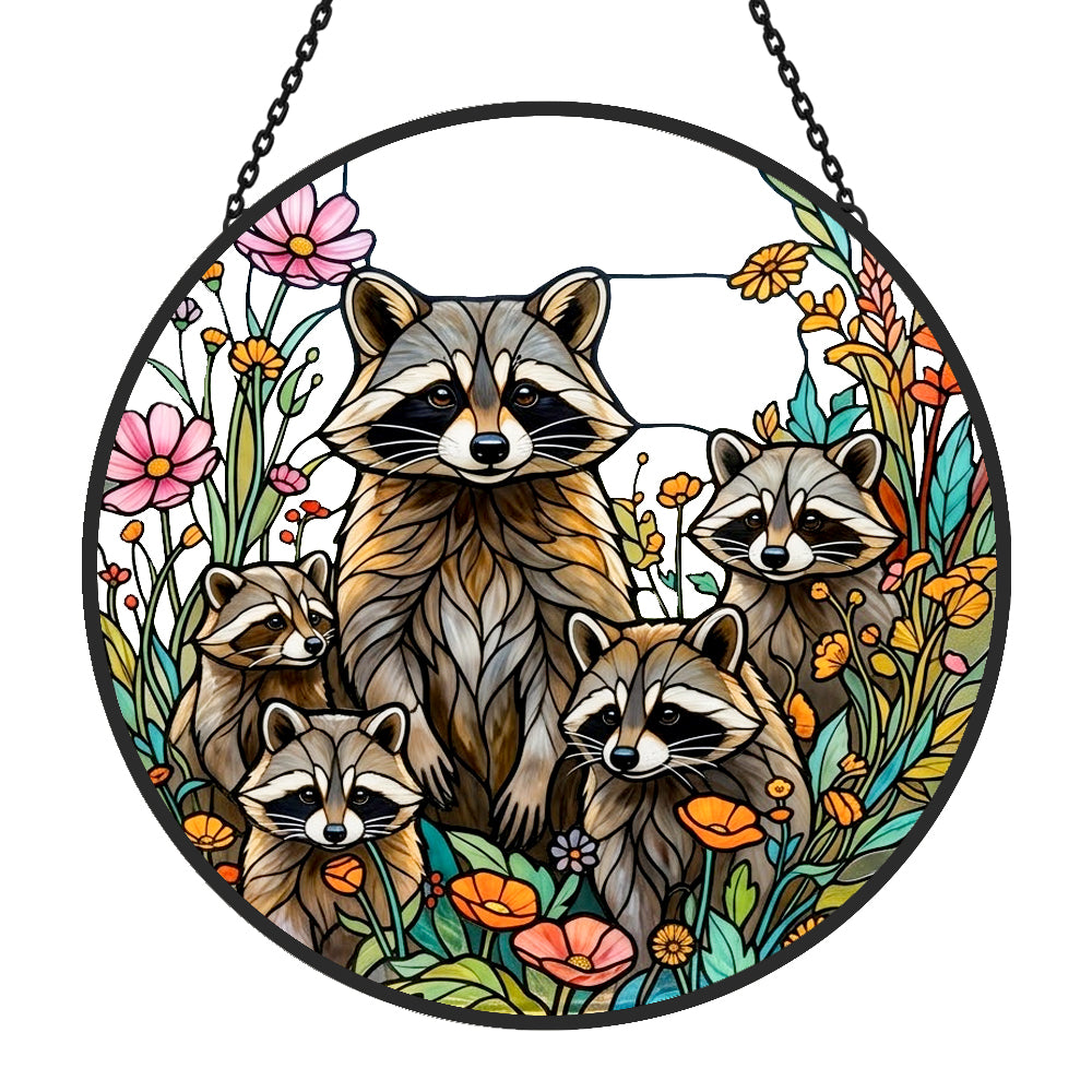 Woodland raccoon family stained glass suncatcher window hanging, suitable for home and garden decoration