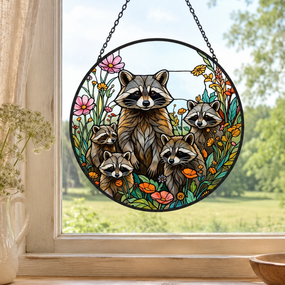 Woodland raccoon family stained glass suncatcher window hanging, suitable for home and garden decoration