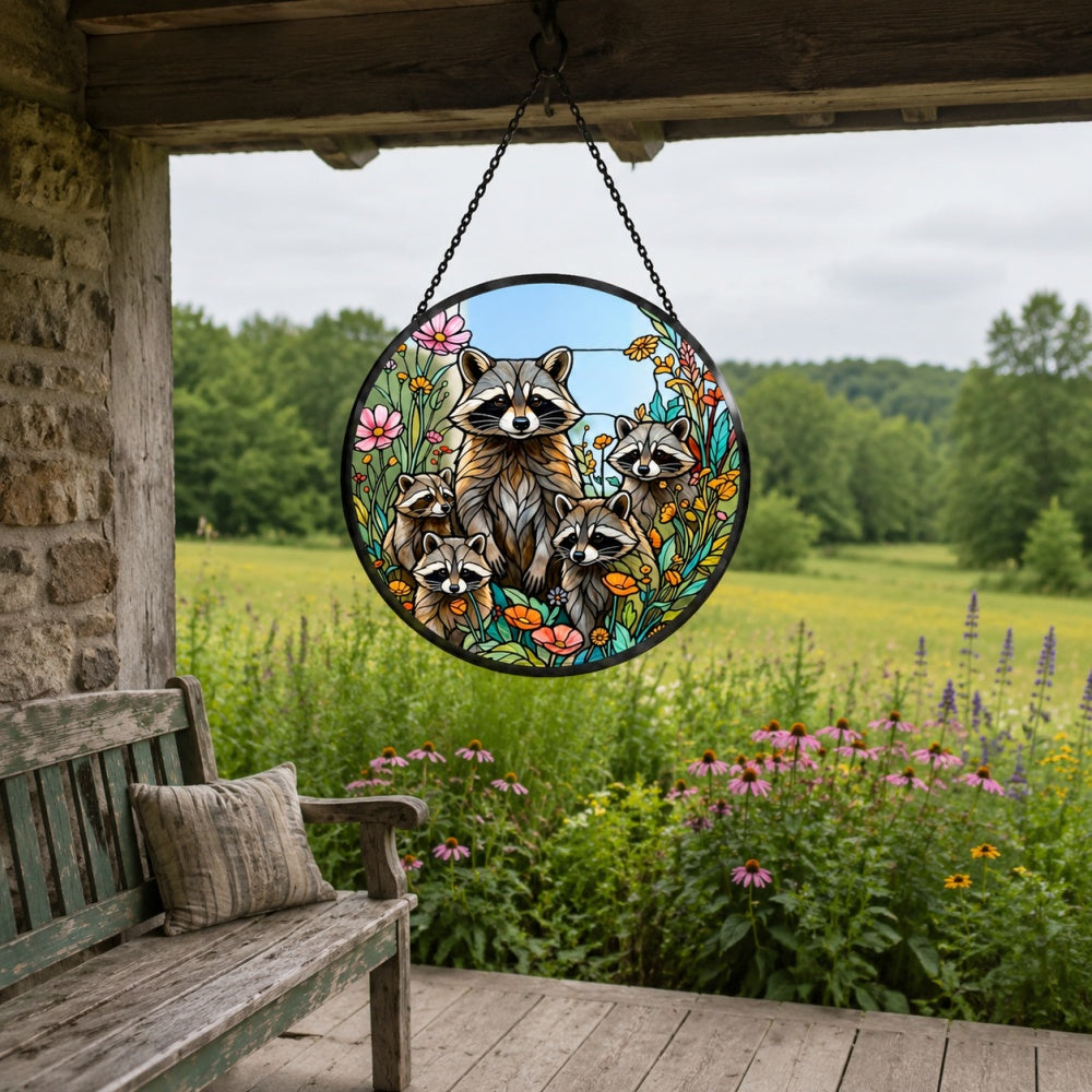 Woodland raccoon family stained glass suncatcher window hanging, suitable for home and garden decorationWoodland raccoon family stained glass suncatcher window hanging, suitable for home and garden decoration