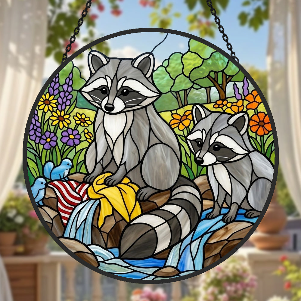 Woodland raccoons by the stream stained glass suncatcher window hanging, suitable for home and garden decoration