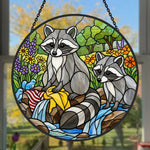Woodland raccoons by the stream stained glass suncatcher window hanging, suitable for home and garden decoration