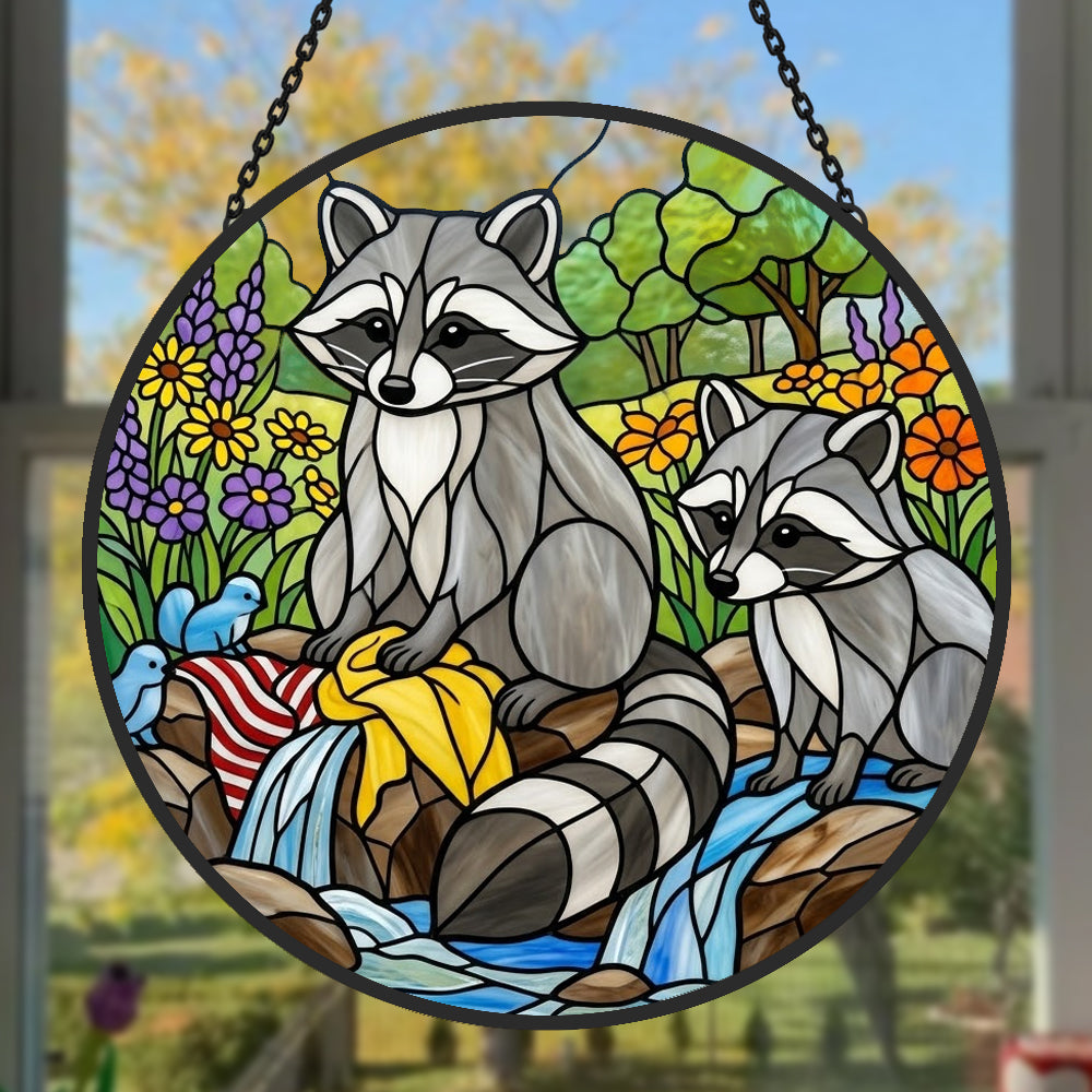 Woodland raccoons by the stream stained glass suncatcher window hanging, suitable for home and garden decoration
