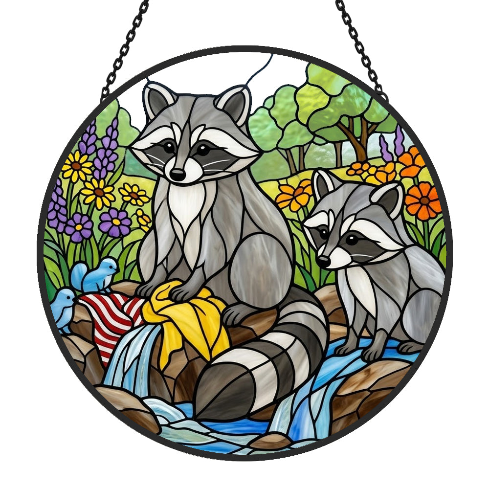 Woodland raccoons by the stream stained glass suncatcher window hanging, suitable for home and garden decoration