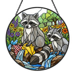 Woodland raccoons by the stream stained glass suncatcher window hanging, suitable for home and garden decoration