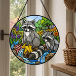 Woodland raccoons by the stream stained glass suncatcher window hanging, suitable for home and garden decoration