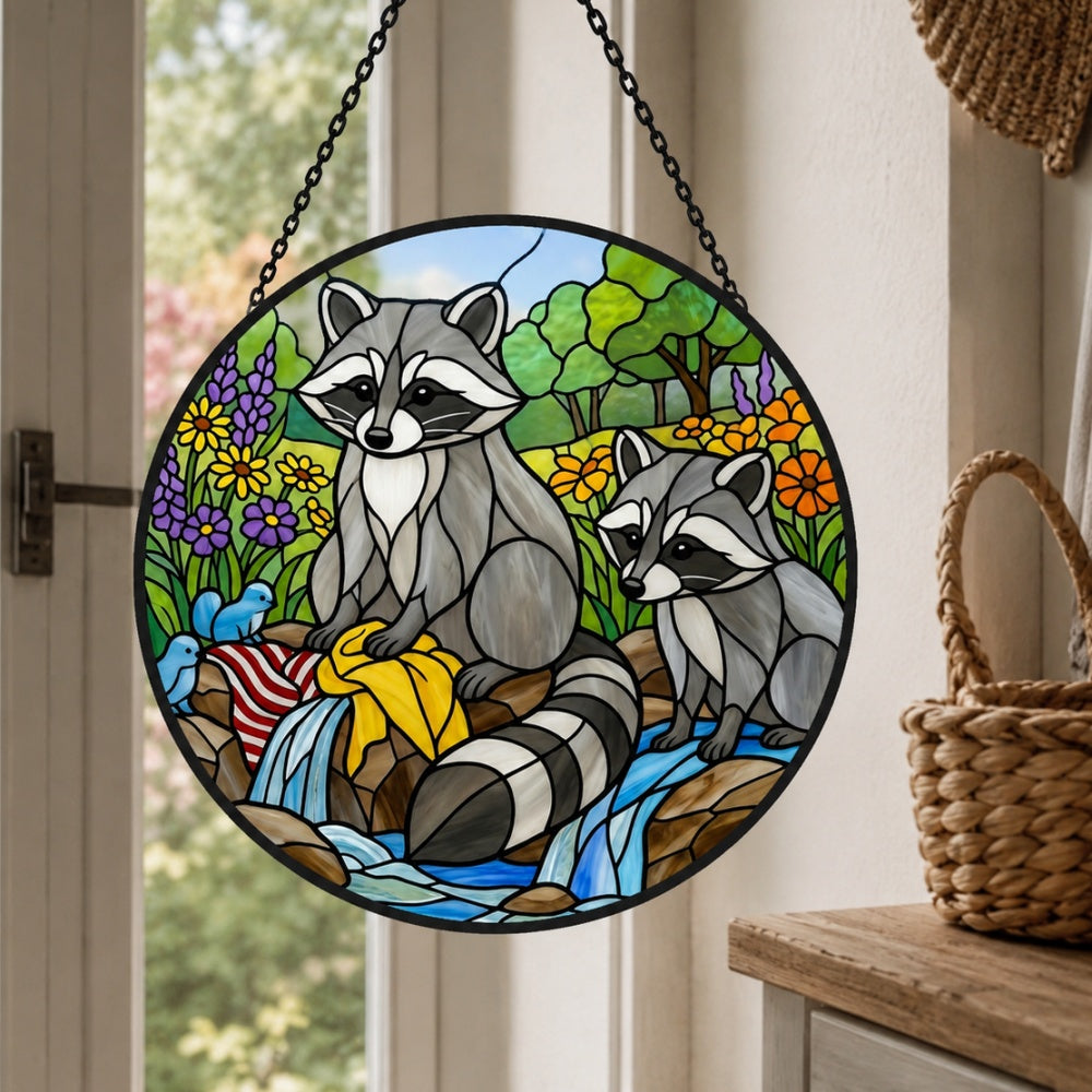 Woodland raccoons by the stream stained glass suncatcher window hanging, suitable for home and garden decoration