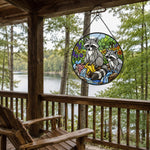 Woodland raccoons by the stream stained glass suncatcher window hanging, suitable for home and garden decoration
