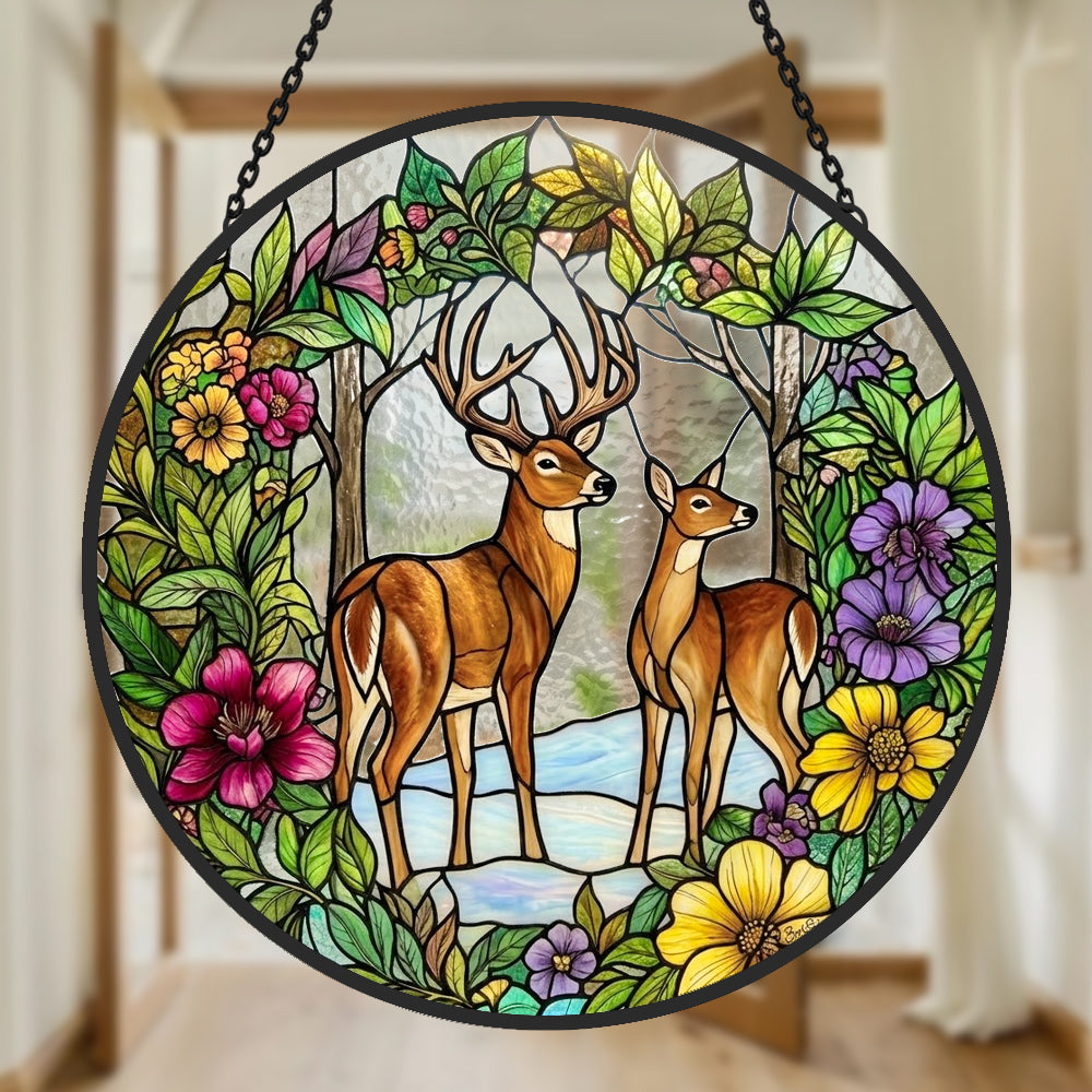 Woodland stag and doe stained glass suncatcher window hanging, suitable for home and garden decoration