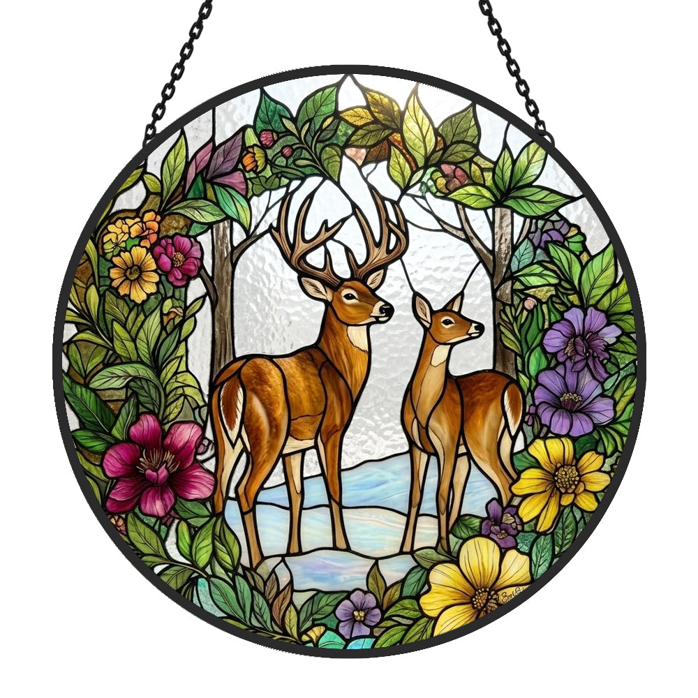 Woodland stag and doe stained glass suncatcher window hanging, suitable for home and garden decoration