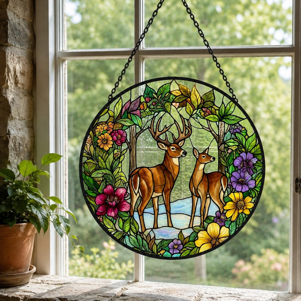 Woodland stag and doe stained glass suncatcher window hanging, suitable for home and garden decoration