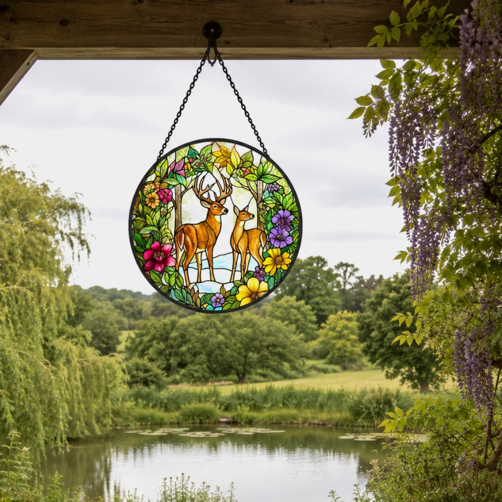 Woodland stag and doe stained glass suncatcher window hanging, suitable for home and garden decoration