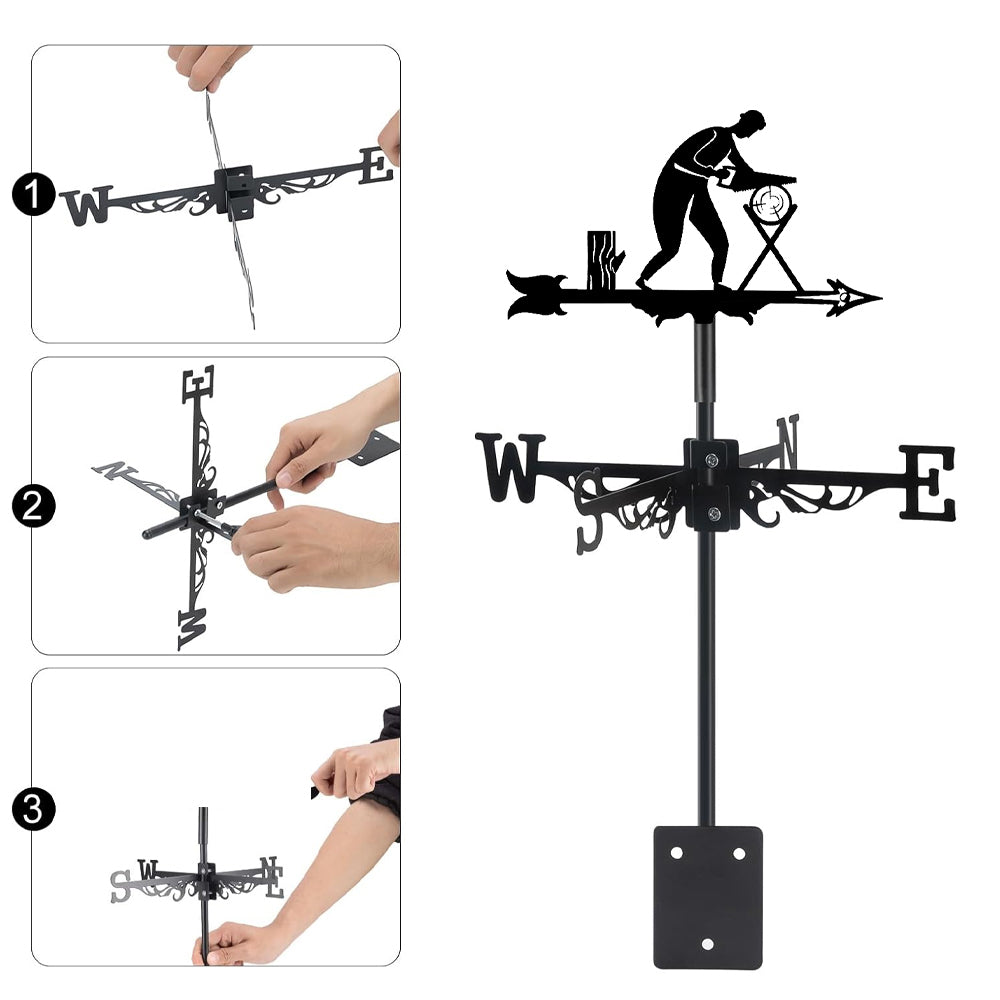 Woodworker metal weather vane with directional arrows and mounting rod, outdoor roof and garden decoration