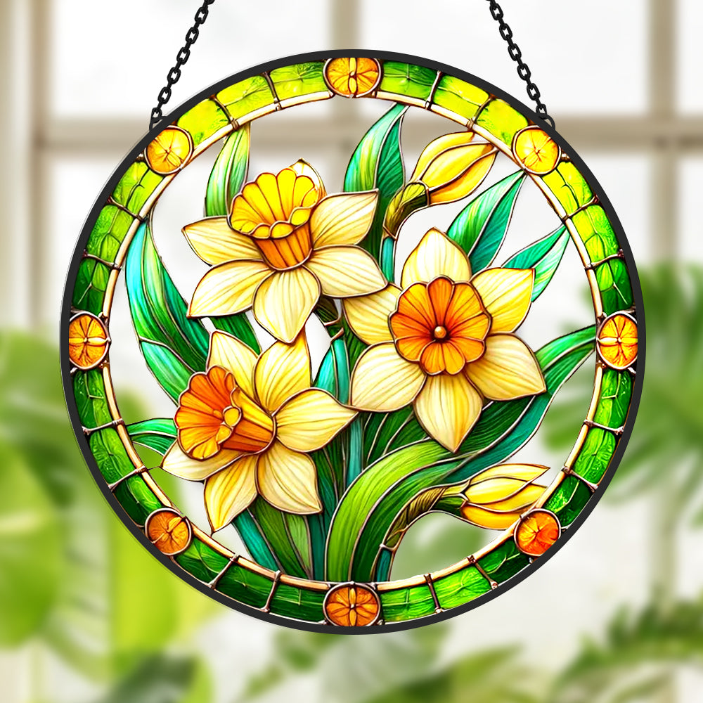 Yellow daffodil flowers stained glass suncatcher window hanging, suitable for home and garden decoration