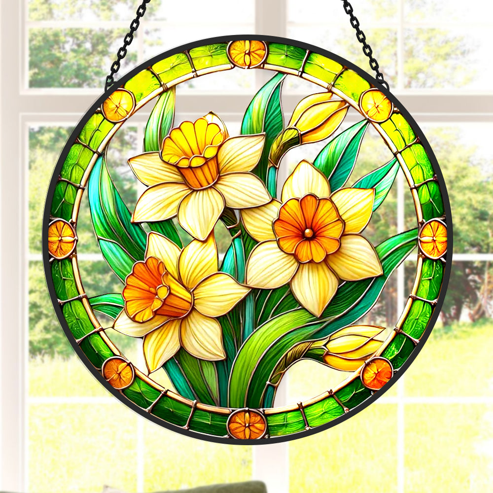 Yellow daffodil flowers stained glass suncatcher window hanging, suitable for home and garden decoration